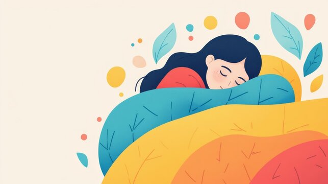 A serene illustration of a woman peacefully sleeping under a colorful blanket, surrounded by whimsical elements and nature.
