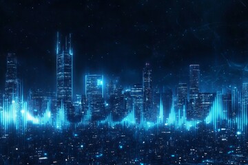 Fototapeta premium Futuristic city skyline illuminated at night, showcasing sound waves and data visualizations in a blue color theme. AI generated illustration