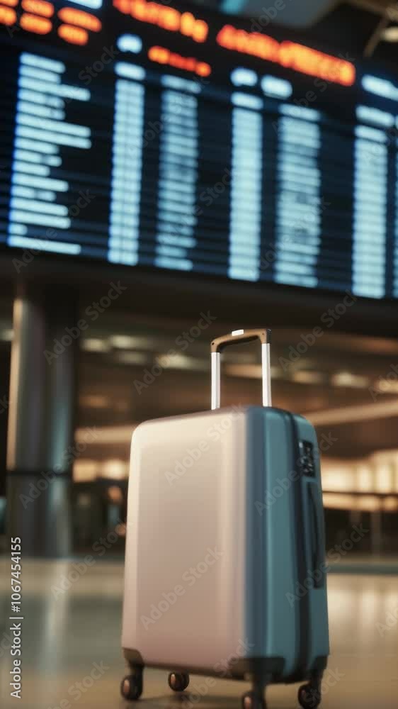 Poster modern gray suitcase standing in airport terminal with flight information display showing arrivals a