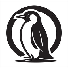 A graphic artwork of a penguin silhouette in black and white