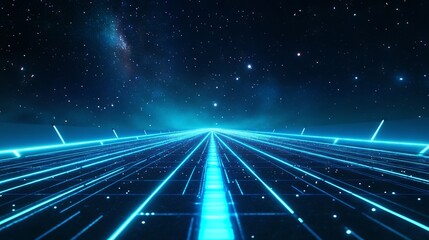 Obraz premium Futuristic Road Under a Starry Sky with Glowing Blue Lines. AI generated illustration
