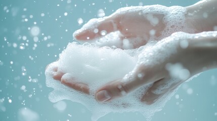 Fototapeta premium Close-up of hands holding soap bubbles against a soft blue background.