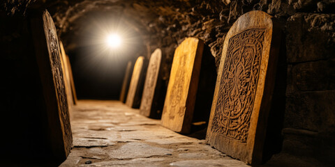 Intricately carved wooden panels line a dimly lit tunnel, creating a mysterious and historic atmosphere.