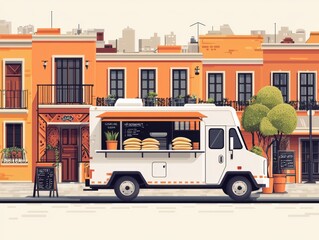 A colorful food truck parked on a lively street, serving burgers, with vibrant buildings and greenery in the background.