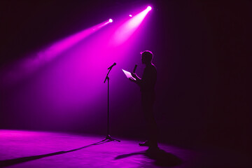 An eye-catching neon purple silhouette of a figure giving a speech on stage surrounded by darkness --ar 3:2 --s 50