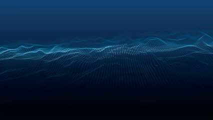 Futuristic point wave of particles. Visualization of sound waves. Dark background. Technology or science banner. Abstract digital 3D wave. Vector illustration.