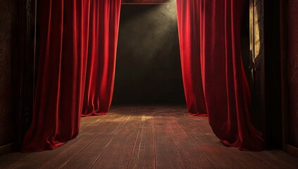 Victorian theater scene with red velvet curtains and spotlight. AI generated illustration