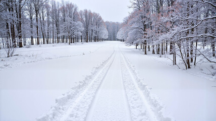 Snow-Covered Pathway Lined by Trees