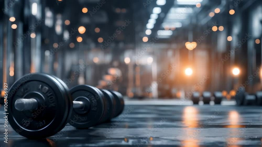 Poster black dumbbell lying on the floor of a dimly lit industrial style gym, creating a powerful image of 