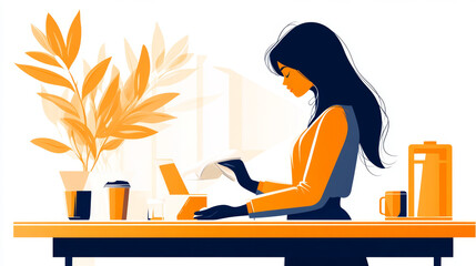 Fototapeta premium Woman in a yellow sweater works at a desk with a laptop and a cup of coffee.
