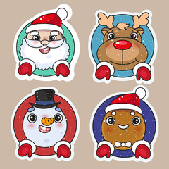 Cute Christmas kawaii stickers with characters Santa, reindeer, snowman, ginger man