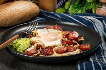 Fried egg and sliced sausage.