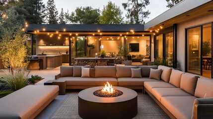 Upscale Outdoor Living Area with Seating and Fire Pit at Dusk. AI generated illustration
