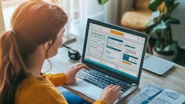 Woman completing online survey on laptop at home office desk