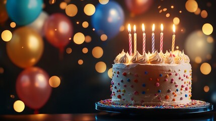 Celebratory birthday cake with candles and vibrant balloons in a dreamy bokeh setting. AI generated illustration