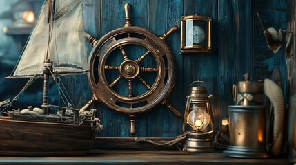 Ship steering wheel, model galleon, lantern and nautical equipment creating maritime atmosphere © HISTOCK