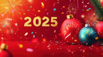 Background with text 2025 on a red background with confetti and fireworks, festive banner