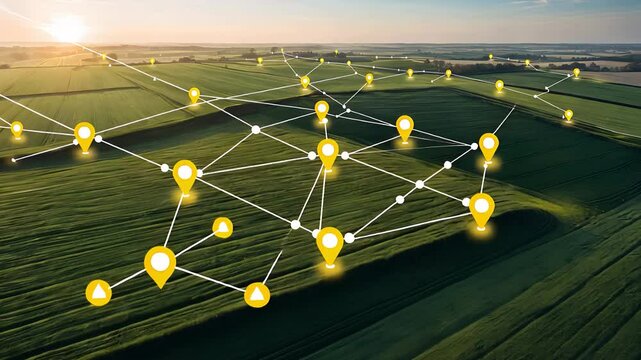 Connected Digital Markers Across Agricultural Fields at Sunset