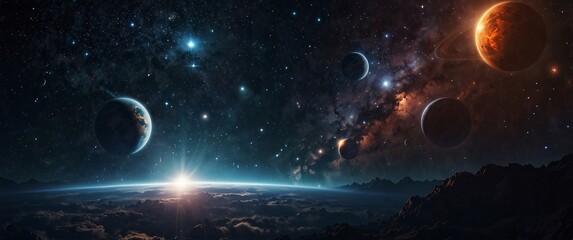 Obraz premium Cosmic Symphony: An awe-inspiring cosmic landscape unfolds, showcasing a breathtaking panorama of celestial bodies, swirling nebulae, and distant galaxies. The scene evokes a sense of wonder.