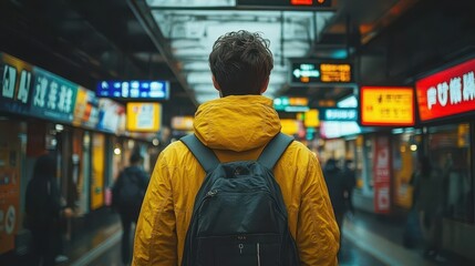 vibrant scene of a young man in a yellow jacket navigating a bustling subway illuminated by the warm glow of dusk and the colorful lights from advertisements reflecting the energy of city life