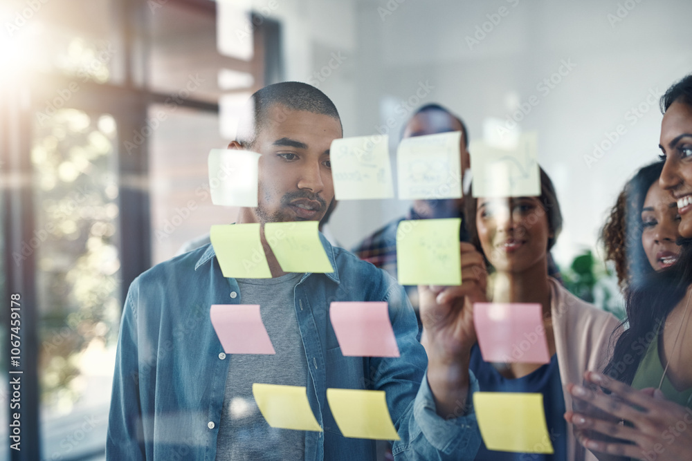 Aufkleber brainstorming, glass and writing with business people in office for coaching, meeting or planning. m