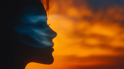 Silhouette of a woman's face against a fiery sunset.