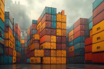 Fototapeta premium vibrant scene of cargo containers stacked on massive container ships docked at a busy industrial port highlighting the bustle of global trade and commerce