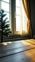 Fototapeta premium sunlight bathes a wooden table with a small green plant