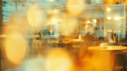 Warm atmosphere of busy coffee shop with baristas preparing drinks during peak hours