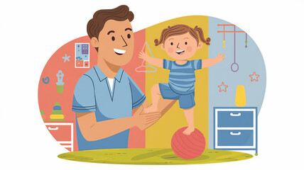 Pediatric physical therapist and child on a therapy ball in a vibrant therapy room illustration. Sensory Therapy with Children with Autism, generative AI