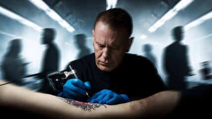 Naklejka premium Tattoo Artist in Focus: A skilled tattoo artist concentrates on their craft, their focused expression and gloved hands bringing a design to life.