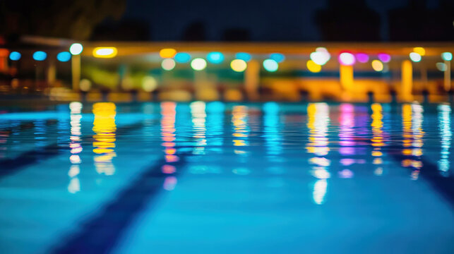 Colorful lights reflecting on the water of a large public swimming pool at night