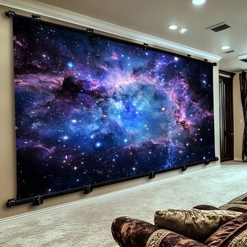 Galaxy mural in home theater room with large projection screen