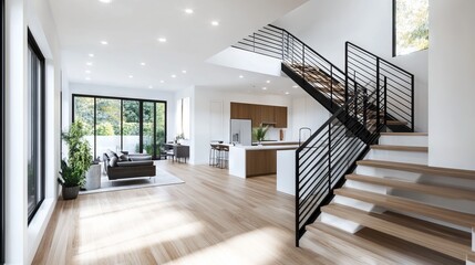 Obraz premium Modern open-concept home interior with staircase and large windows. AI generated illustration