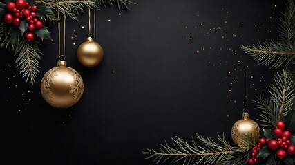 Decoración Festiva con Bolas de Navidad doradas y Ramas de Abeto con bolas rojas de adorno en Fondo Negro. Postal Navideña