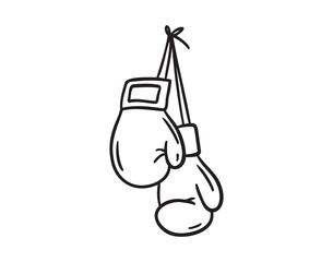 Line hand drawn doodle boxing gloves with ribbon. Outline box drawing icon isolated on white background