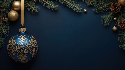 Postal de Navidad con bola  navideña azul y grabados dorados con ramas de pino en fondo azul oscuro. Fondo navideño