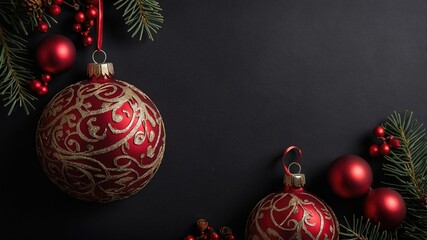 Fondo Navideño con textura de Pizarra, Bolas de Navidad con grabados dorados y Ramitas Decorativas.Postal de Navidad