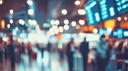Busy airport check-in area with travelers and digital displays during peak travel hours
