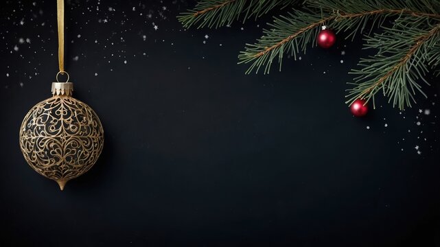Fondo negro de pizarra con bola de navidad dorada y bolas rojas con ramas de abeto. Postal de Navidad