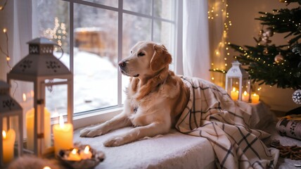Cozy Golden Retriever Dog by Window with Christmas Lights and Candles