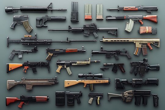Vintage military elements set with grenade and rocket launchers sniper and automatic assault rifles pistols bullets and bullet holes isolated vector illustration
