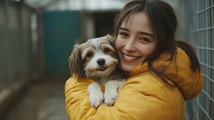 A young woman smiles brightly as she holds a small dog in her arms. The dog looks up at her with a happy expression. The woman is wearing a yellow jacket and the dog is a mix of brown and white.