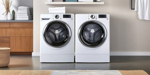 Washing machine and dryer in a modern laundry room interior. Minimalistic design laundry room in an apartment