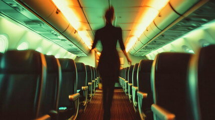 A flight attendant walks through the aisle of an airplane amid blurred background seats