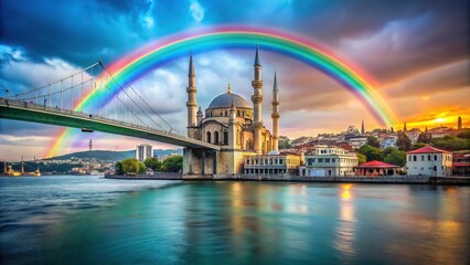 Obraz premium July 15 Martyrs Bridge Ortaky Mosque Rainbow Minimalist AI Photography