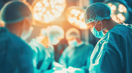 Blurred view of a modern surgical suite with a team performing an operation