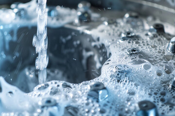 Water pipe in water field, discharge. A stream of clean water flows into the stainless steel sink in blue tones.