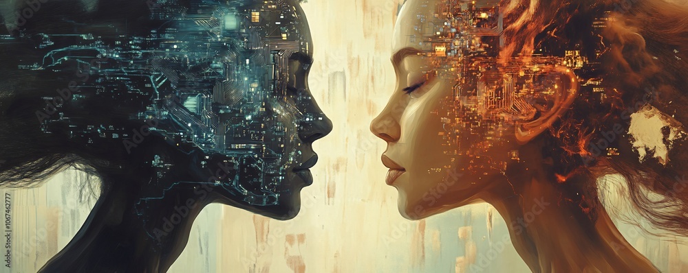 Aufkleber two female faces merging with futuristic cityscapes representing duality and connection