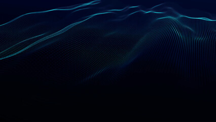 Futuristic point wave of particles. Visualization of sound waves. Dark background. Technology or science banner. Abstract digital 3D wave. Vector illustration.